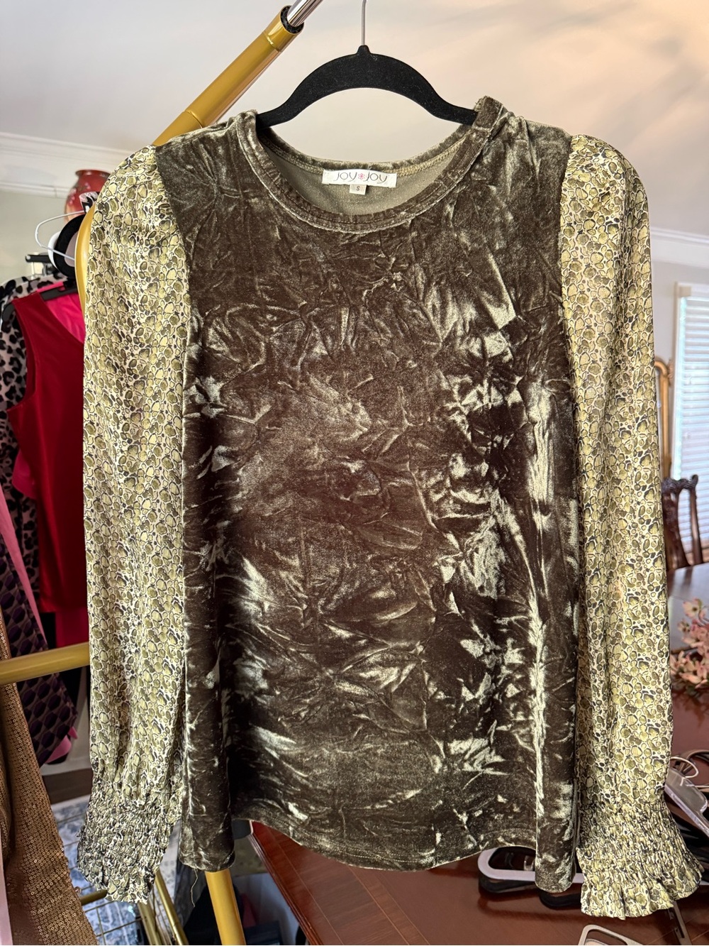 Joy Joy Olive Crushed Velvet Mix-Sleeve Top